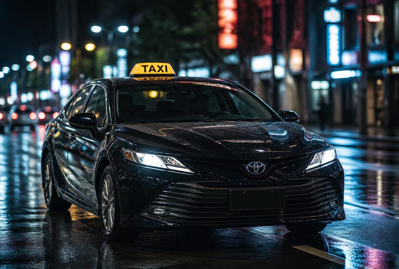 Zwarte taxi van Taxi Mussie in de stad bij nacht